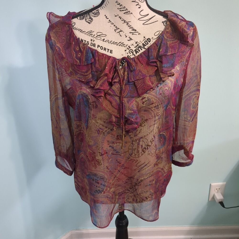 Ralph Lauren Womens Small Super Sheer Paisley Ruffle Blouse Shirt Top petite
